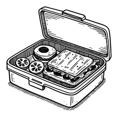 Open Lunchbox with Sandwich Fruit and Dessert Food Black and White Outline Line Art Drawing