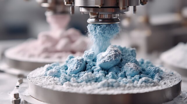 Close-up of the powder medicine mixing process in a pharmaceutical manufacturing plant, highlighting the dusting powder chemical ingredients.