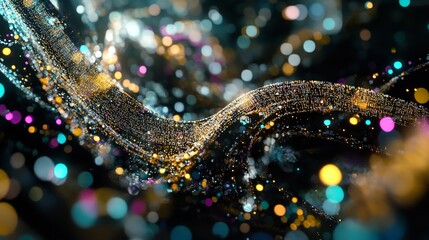 Abstract wave of glowing particles with bokeh lights in various colors on a dark background