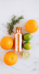 Copper water bottle, oranges, limes, and rosemary on marble