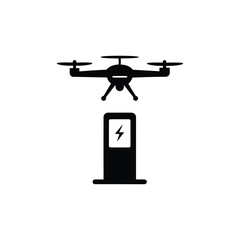 Drone charging station with power symbol and battery isolated on white background