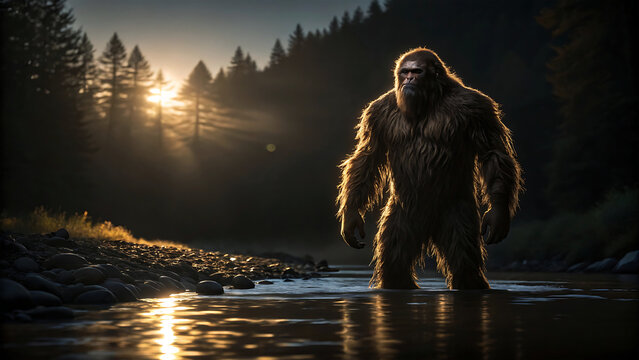 Majestic bigfoot emerges from a misty forest river at sunrise