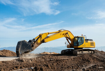 Obraz premium Yellow bulldozer pushes large black rock in open field. Powerful blades cut into rock with precision. Clear blue sky with white clouds. Devoid of objects, significant landscape shift. Heavy