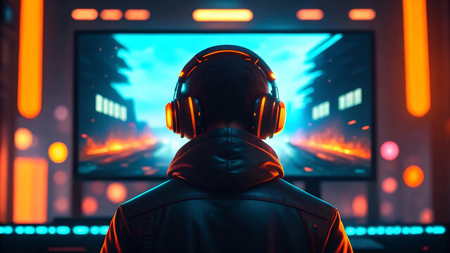 Gamer immersed in virtual reality with neon lights - Powered by Adobe