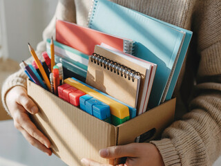 A person holds a cardboard box filled with various stationery items, including notebooks, pencils, pens, and colorful binders