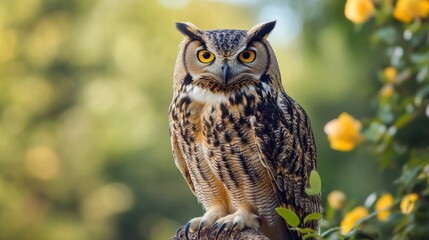 Fototapeta premium Owl on a natural perch, close-up with flower accents, calm gaze generative ai