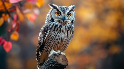 Owl on a natural perch, close-up with flower accents, calm gaze generative ai