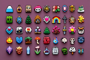 Obraz premium Colorful 8-bit pixel art icons representing various objects, symbols, and elements, perfect for gaming and creative projects.