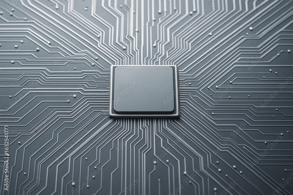 Wall mural central microchip on dark circuit board with glowing lines and futuristic pattern, symbolizing innov