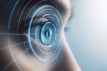 Close-up of human eye with digital interface hologram showing futuristic biometric scanning concept on a light technology background.