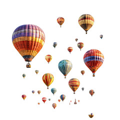Obraz premium Multicolored hot air balloons against a black background. Many balloons of various colors and patterns float in a dispersed, yet clustered, formation. 