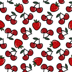 Seamless fruit pattern with bright red strawberries and cherries. Red berries endless print. Playful summer design perfect for textiles, stationery, wrapping, packaging, wallpaper, and kitchen decor.
