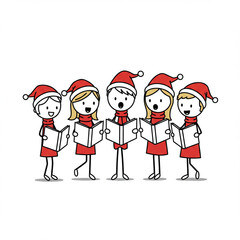 Christmas Carolers Sing Joyful Songs: Stick Figure Line Art, Isolated on White.