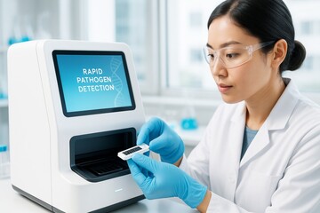 Female scientist using advanced diagnostic machine for rapid pathogen detection in modern laboratory environment with bright background. Ai generative