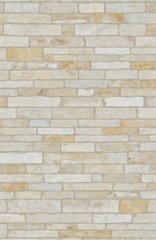 Fototapeta premium Wall composed of white and beige bricks with horizontal pattern. Dark gray background, horizontal line at bottom. Brick texture, grunge, rough surface, masonry construction.