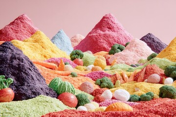 Colorful powder mountains, vegetables and fruits scattered on a pink backdrop