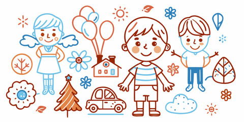 Illustration of children playing with balloons, car, house, flowers, tree, cloud, sun, and christmas tree design vector illustration