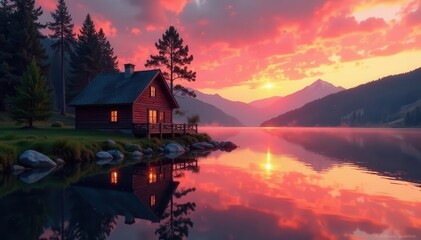Fototapeta premium Rustic red lakeside cottage, sunset reflection, home, real estate