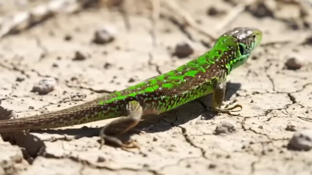 Green lizard on cracked earth.