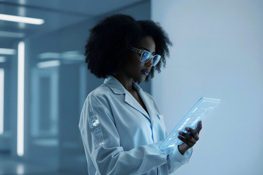 Woman in lab coat uses futuristic holographic tablet