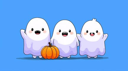 Fototapeta premium Three cute ghost characters celebrating Halloween with a pumpkin.