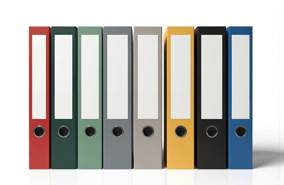 Collection of colorful binders in office storage, organized in diagonal line. 7 binders in different shades of red, green, black, orange, yellow, blue, gray. Solid beige background makes binders