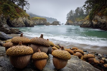 Coastal scene with acorns on rocks, misty inlet