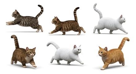 Three diverse cats in various poses against a plain white background.
