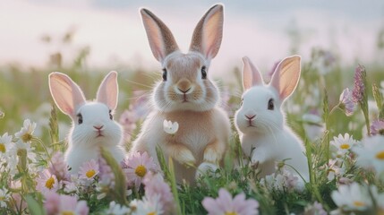 A family of rabbits inside a circle of wildflowers, a minimalist studio shot, an advertising image for cruelty-free cosmetics. generative ai