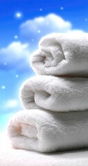 Stacked white towels against a soft, light blue sky background with clouds