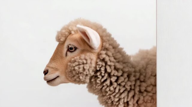 Curious sheep peeking and turning playfully against white background