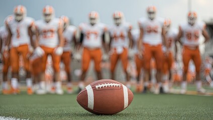 American football team lines up before a game, focused on the ball