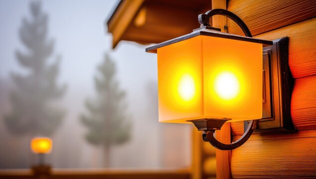 Exterior lantern, orange light, foggy day, log cabin