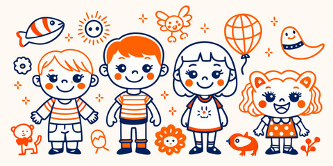 Cute kids children drawing vector illustration happy cartoon fun design playful art graphic characters cheerful vector illustration