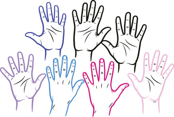 Fototapeta premium Illustration of many hands raised in the air, symbolizing unity, cooperation, and support, perfect for conveying community spirit