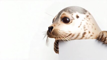 Curious seal peeking over blank panel in adorable closeup sequence