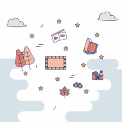 Autumnal themed illustration with trees clouds camera film leaf and stars for creative design projects and media vector illustration