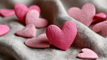 Obraz premium Pink paper hearts scattered on a cozy fabric surface