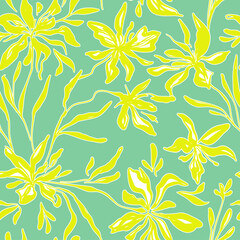 Seamless bright yellow lemon floral vector vintage retro style. Fabric with floral pattern dress with handmade pattern For decorating elements, decor, textiles, postcards, printing on a green backgrou