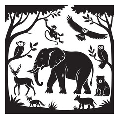 Vector illustration of various animals in a forest setting, including an elephant, monkey, owl, deer, fox, and bear isolated on white background