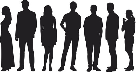 Diverse silhouette vector illustration, seven unique individuals, varied postures and clothing styles, inclusive identity concept, flat design, human variation, posture reference.