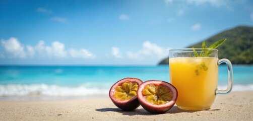 Obraz premium Glass mug with vibrant orange-colored summer smoothie placed on beige sandy beach. Green spout, fresh passion fruit slices on sand. Serene blue ocean, hill in background add depth. Clear blue sky