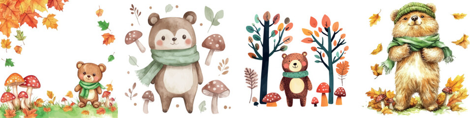 Estores personalizados com sua foto A watercolor illustration features a cute bear standing in a garden surrounded by vibrant flowers and colorful autumn leaves