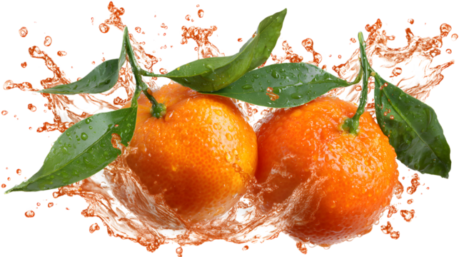  Splash of fruit juice and fresh mandarins isolated on a white background