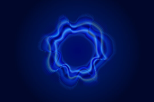 Abstract circular soundwave visualizer pulses in shades of electric blue against a dark background