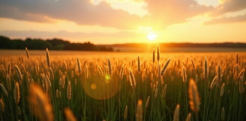 Fototapeta premium Tall prairie grasses bathed in the soft glow of fading sunlight , warm, still