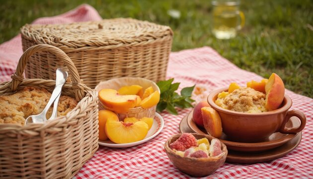 Picnic setup with wicker basket, red, white checkered tablecloth. Fresh fruit, sliced peaches, orange slices, water bottle, glass on table. Peach cobbler bowl on table, surrounded by peaches, summer