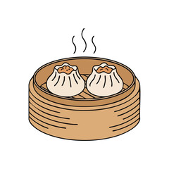(Authentic Asian Cuisine Dish. This inviting illustration features savory parcels nestled in a traditional bamboo basket, conveying warmth and the deliciousness of freshly made food.)