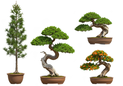 A collection of four distinct bonsai trees with unique shapes and green foliage set isolated on transparent background
