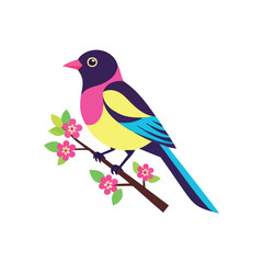 (Colorful Bird on Blooming Branch. A cheerful stylized fowl with vivid plumage rests on a flowering bough. This abstract portrayal evokes feelings of joy, springtime, and natural beauty.)